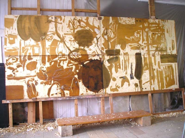 Benno Derda: Ohne Titel / Untitled, Holzschnitt / wood etching, 190 x 400 cm, Atelier / studio, 2006